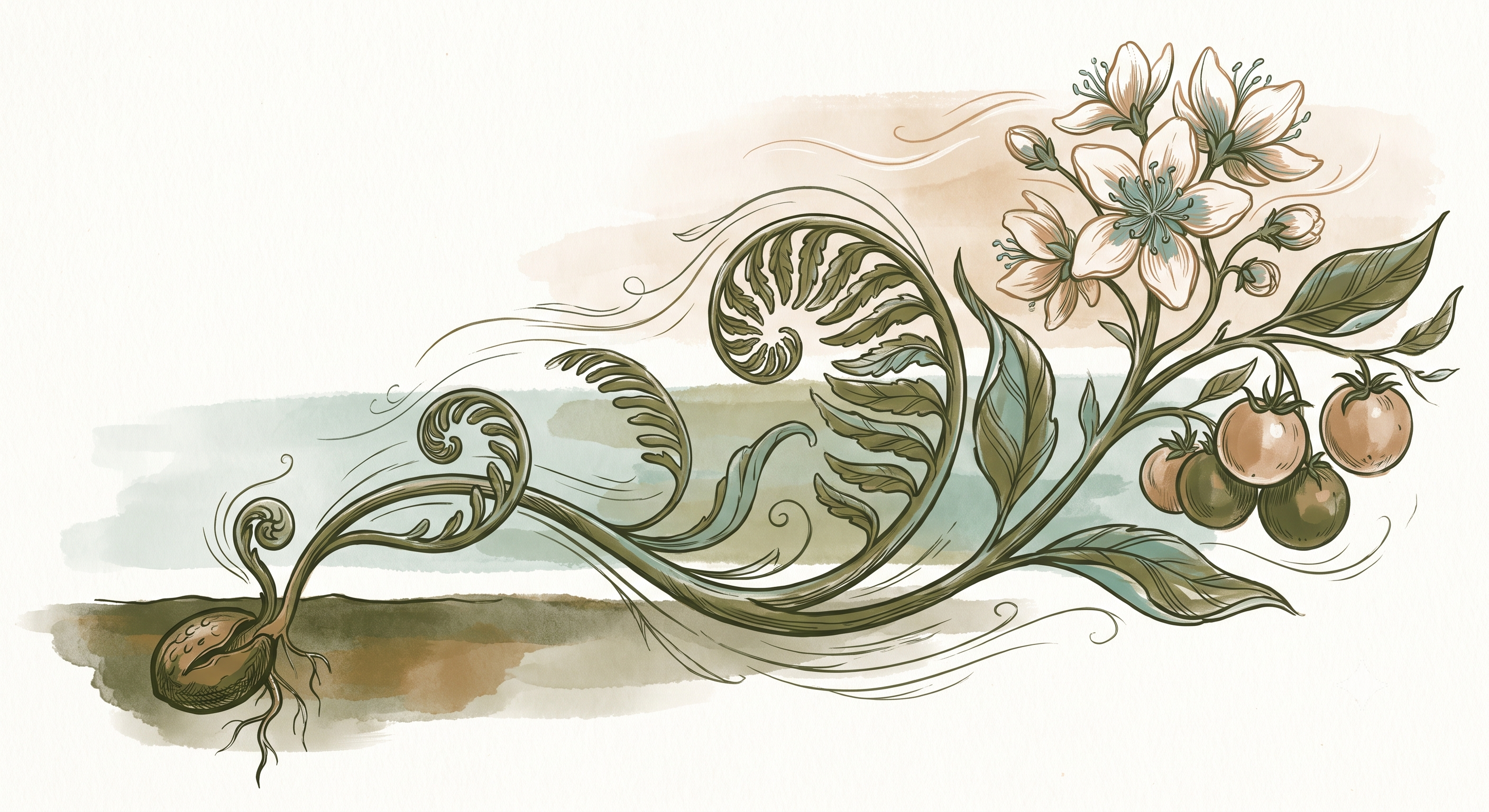 One plant growing from a cracked seed in dark soil, unfurling through fern spirals and leaves into blossom and ripe fruit, rising through three watercolour bands