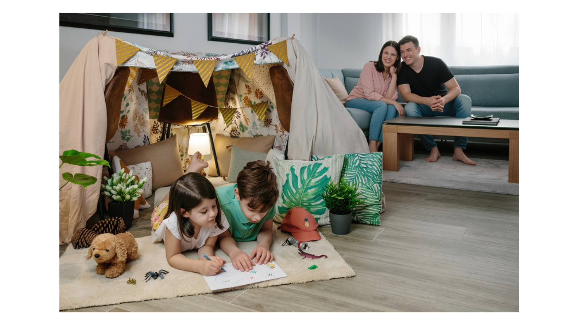 Two parents watching happily from the couch while two children lie on the floor drawing beside a blanket fort strung with bunting