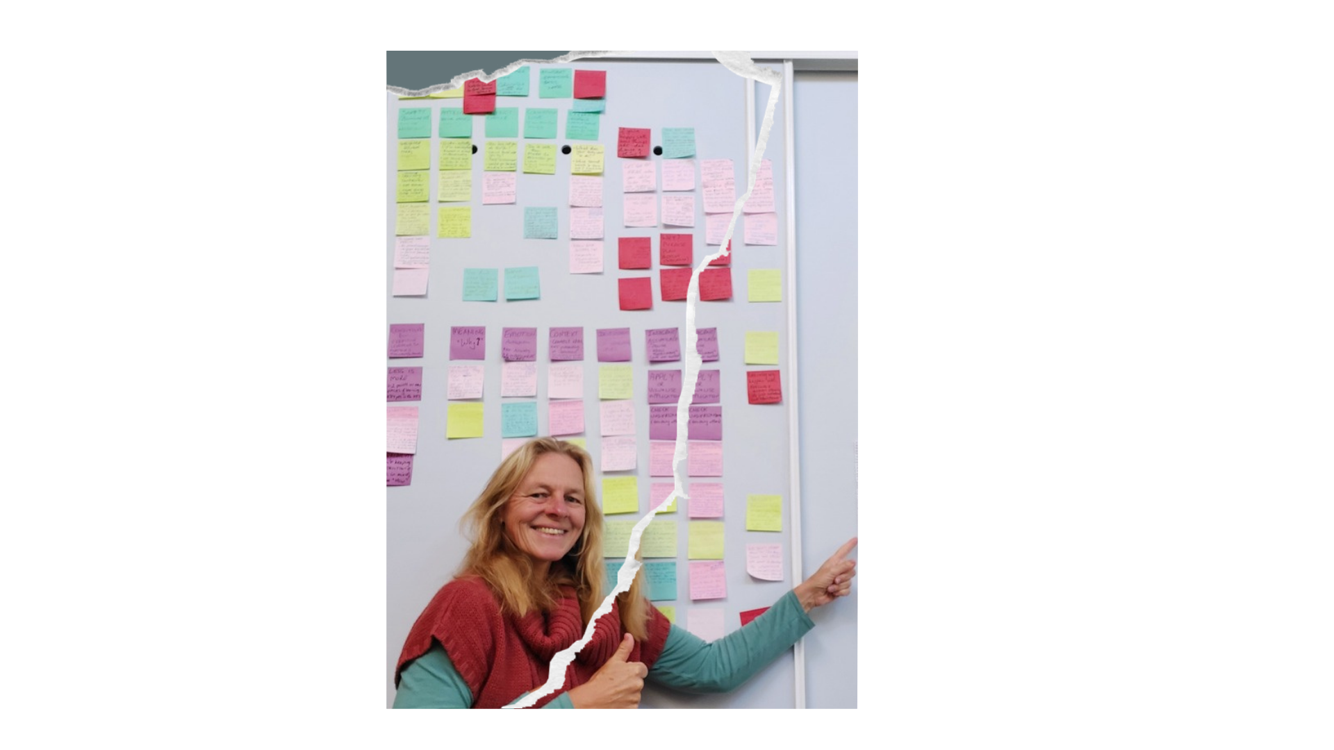 BeAta grinning in front of a whiteboard covered in colourful handwritten sticky notes, one hand giving a thumbs up, the other pointing at the board