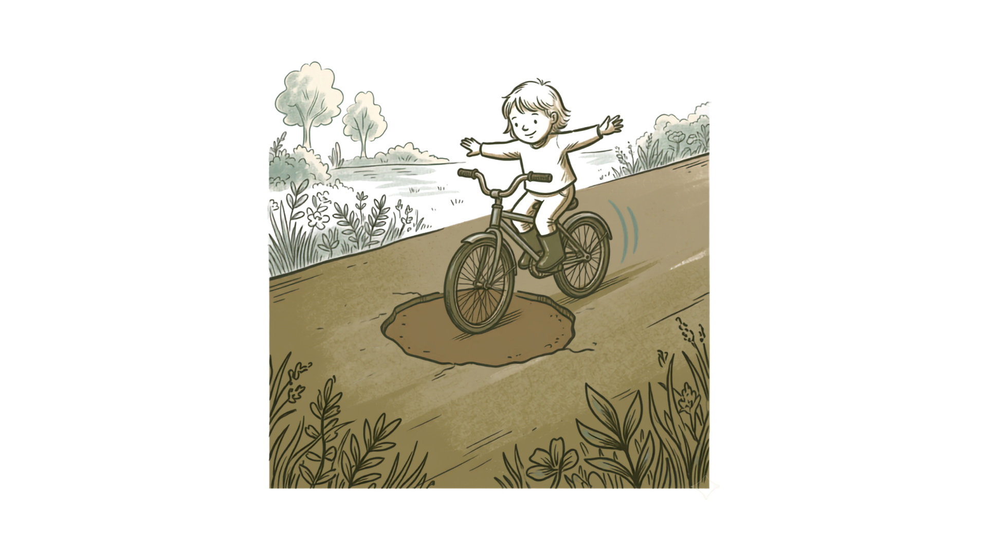 A child rolling smoothly on a bicycle over a freshly filled pothole in a quiet country road