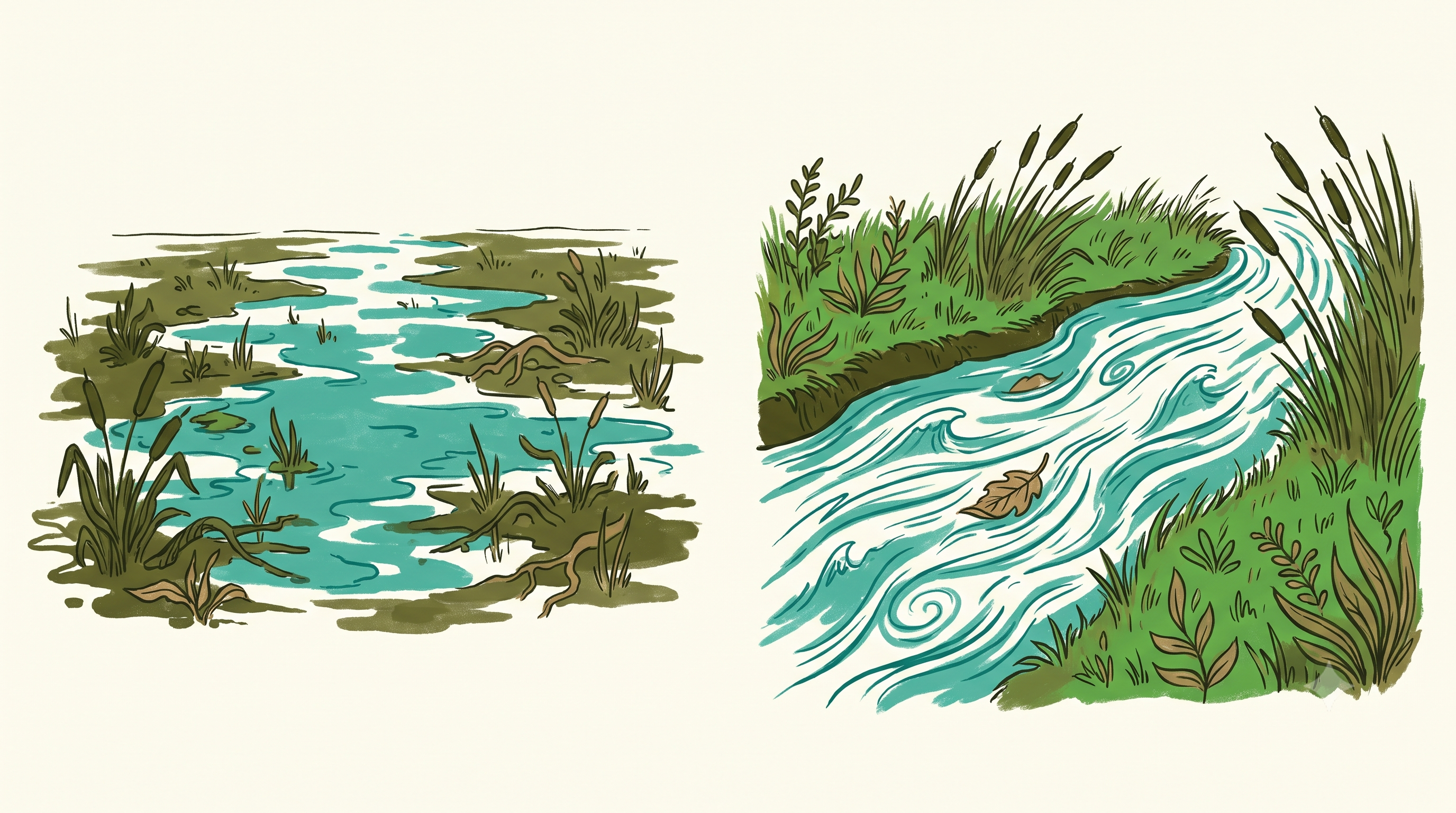 Two waters side by side: a bankless sprawl soaking away into swamp, and a lively river held between two grassy banks with a leaf riding the flow