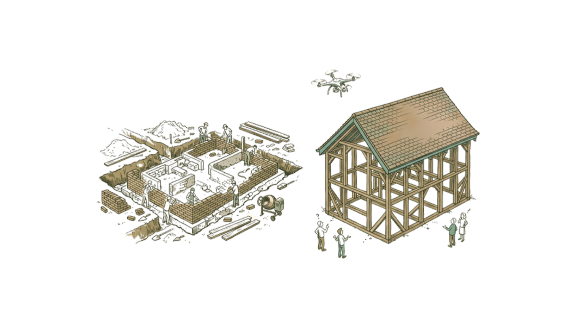 Two building sites side by side: one with deep trenches, fresh foundations and low brick walls in progress; the other a hollow timber frame with a finished roof balanced on top and a drone admiring it from above