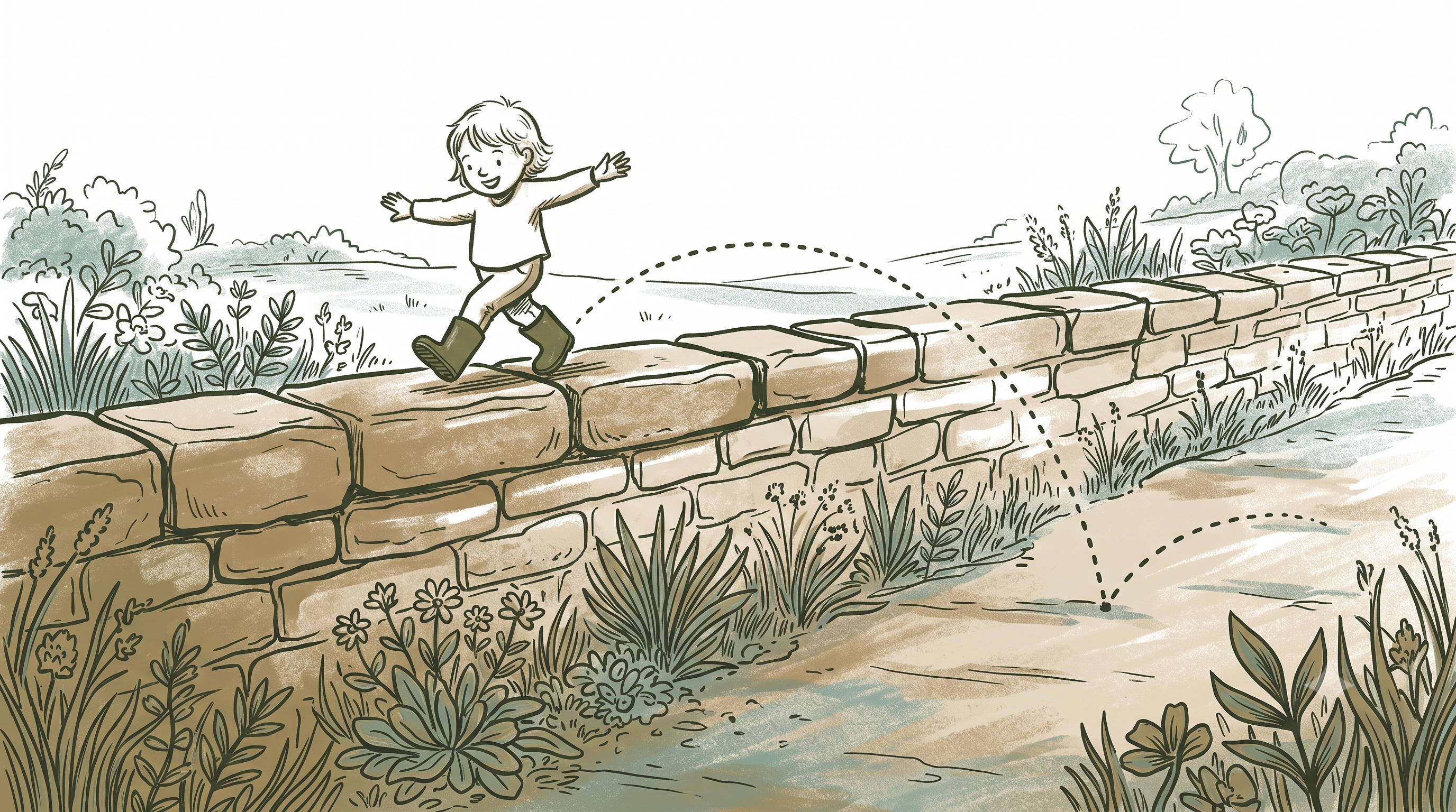 A delighted child in gumboots balancing along the top of a low stone wall, arms out wide, with a dotted arc showing the hop up from the flat footpath beside it
