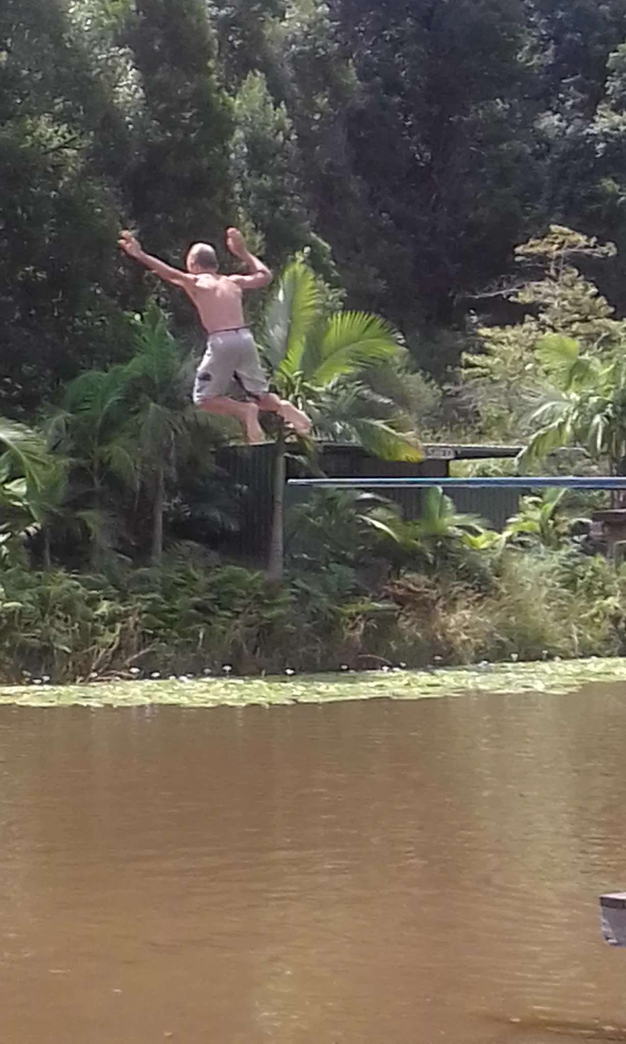 A child in mid-air above a rainforest dam, arms flung up, a moment after leaving the jumping platform
